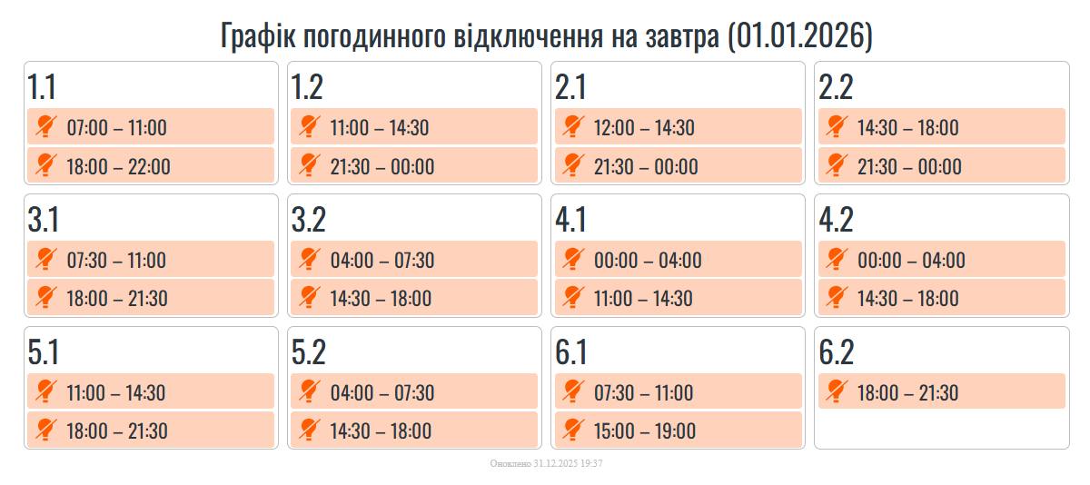 Графік відключення світла в Івано-Франківській області на 1 січня